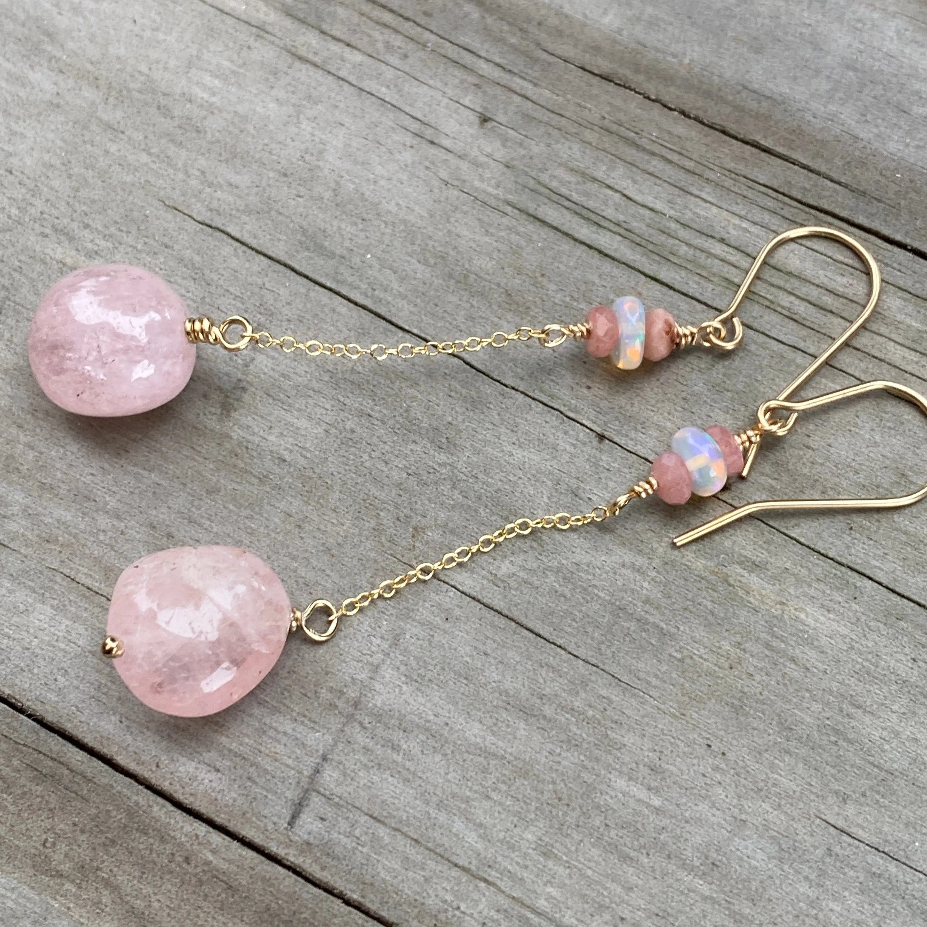 Morganite, Rhodochrosite & Welo Opal Drop/Dangle on Gold Filled Chain 'Threader' Style