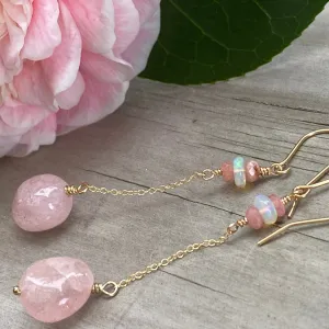 Morganite, Rhodochrosite & Welo Opal Drop/Dangle on Gold Filled Chain 'Threader' Style