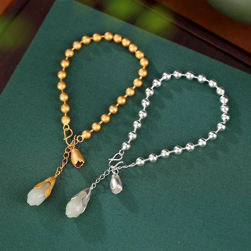 Natural chalcedony magnolia flower bracelet for women