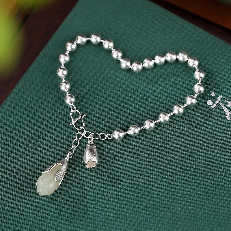 Natural chalcedony magnolia flower bracelet for women
