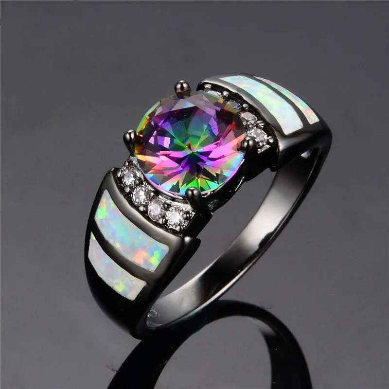 New Fashion Big Rainbow Opal & Crystal CZ Ring 10KT Black Gold Filled Vintage Jewelry Wedding Rings For Women