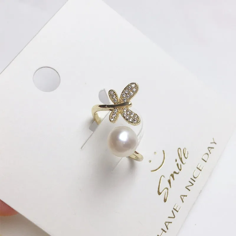 New Pearl Ring 14K Gold Filled AAA Zircon Dragonfly Design Natural Freshwater Pearl Elegant Ring