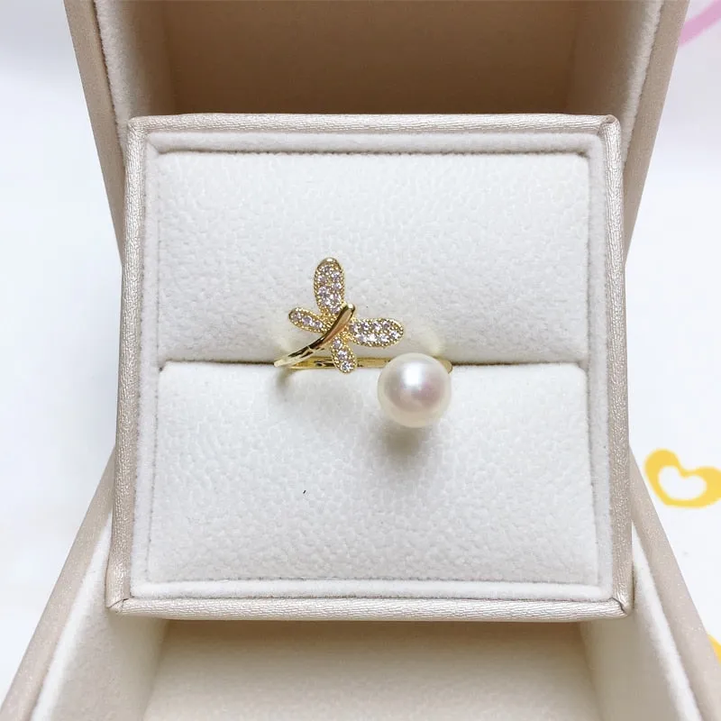 New Pearl Ring 14K Gold Filled AAA Zircon Dragonfly Design Natural Freshwater Pearl Elegant Ring