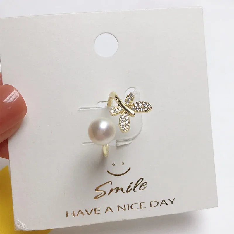New Pearl Ring 14K Gold Filled AAA Zircon Dragonfly Design Natural Freshwater Pearl Elegant Ring