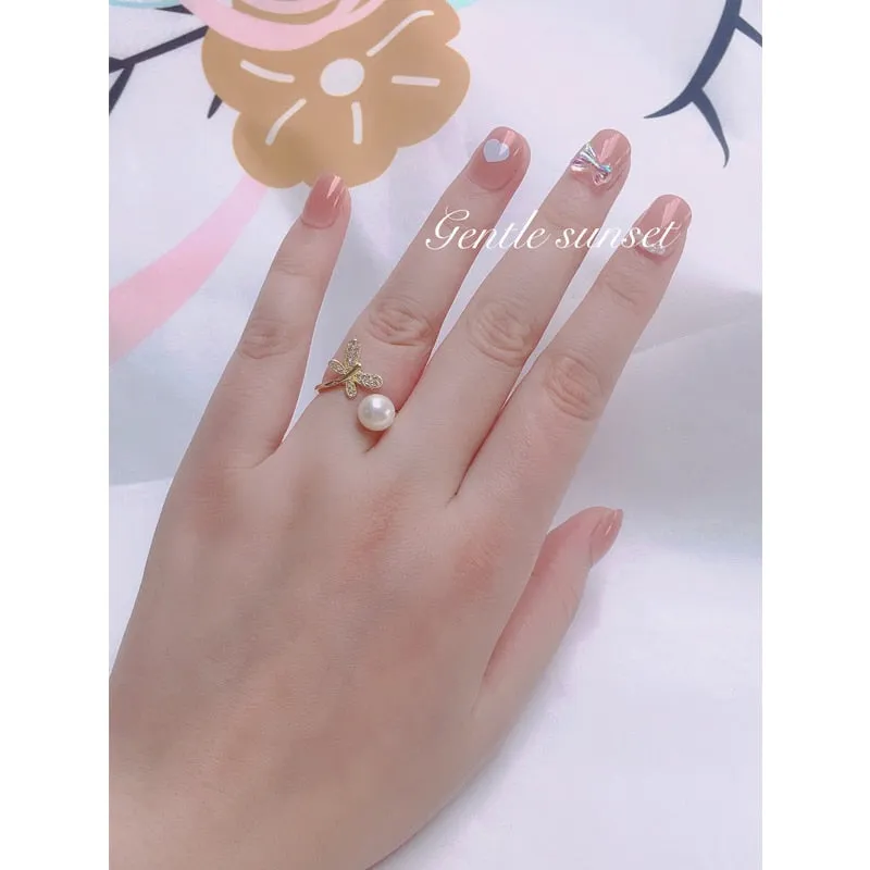 New Pearl Ring 14K Gold Filled AAA Zircon Dragonfly Design Natural Freshwater Pearl Elegant Ring