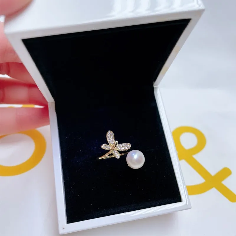 New Pearl Ring 14K Gold Filled AAA Zircon Dragonfly Design Natural Freshwater Pearl Elegant Ring