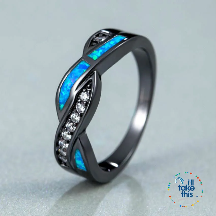 Ocean Blue Fire Opal Ring Accented with Crystal studs