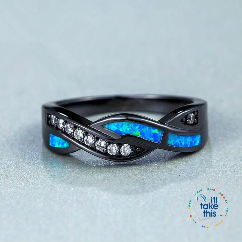 Ocean Blue Fire Opal Ring Accented with Crystal studs