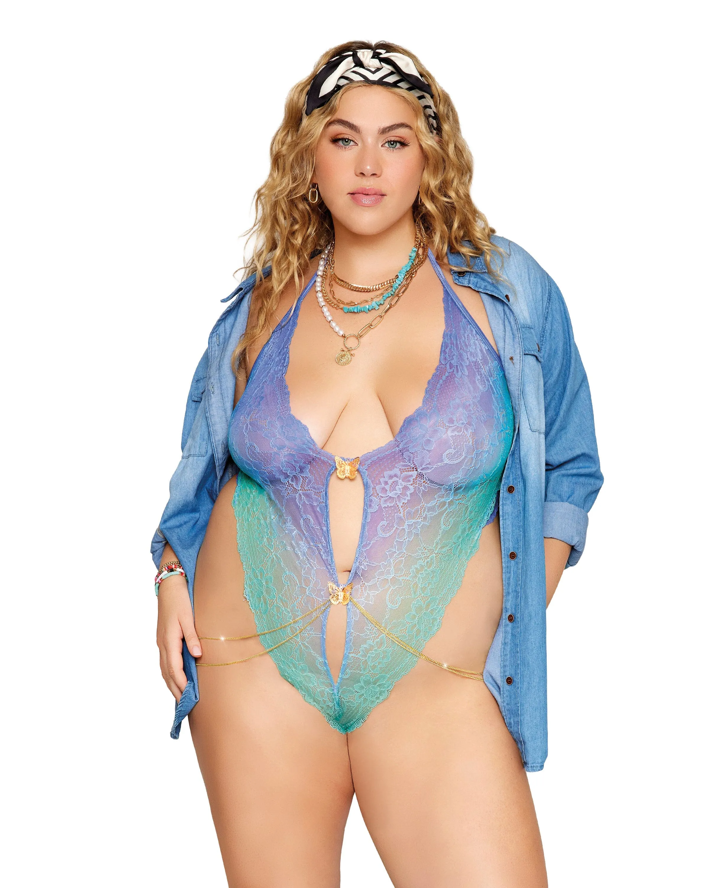 Ombre Lavender Stretch Lace bodysuit with Butterfly Charms