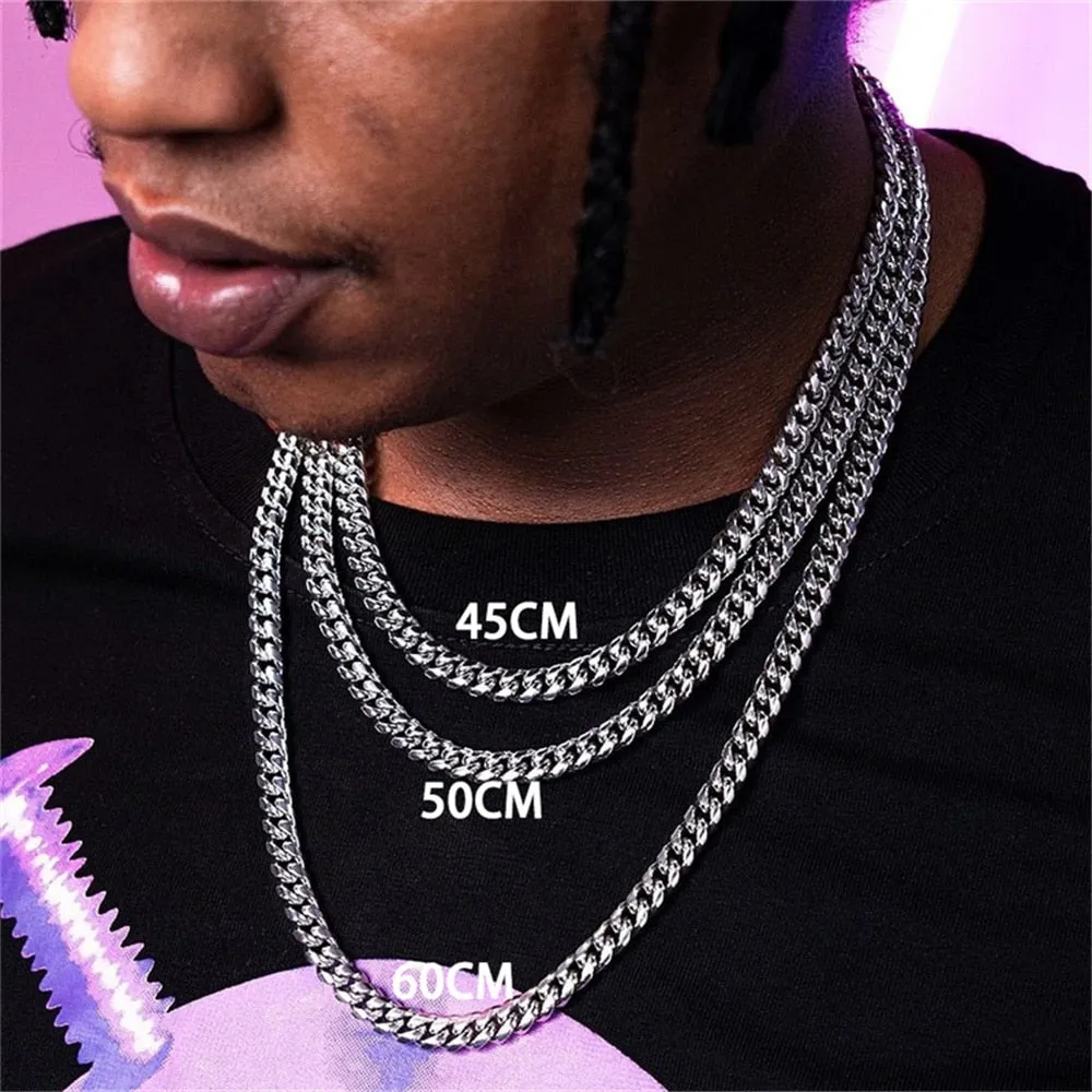 Punk Stainless Steel Curb Cuban Necklaces - Silver, Black & Gold Options - 3mm, 5mm, 7mm Widths