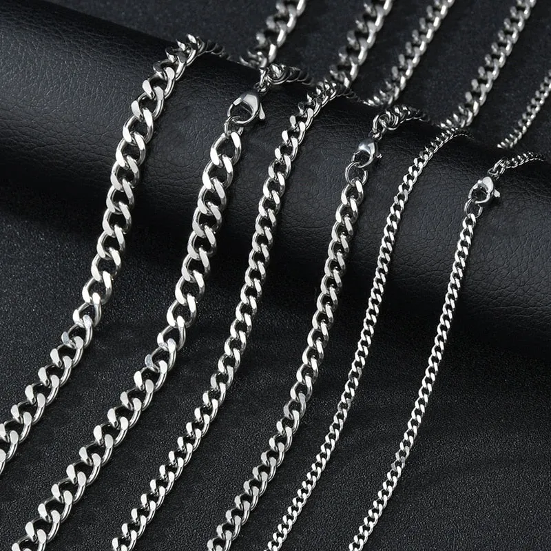 Punk Stainless Steel Curb Cuban Necklaces - Silver, Black & Gold Options - 3mm, 5mm, 7mm Widths