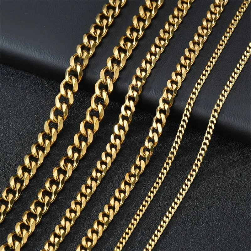 Punk Stainless Steel Curb Cuban Necklaces - Silver, Black & Gold Options - 3mm, 5mm, 7mm Widths