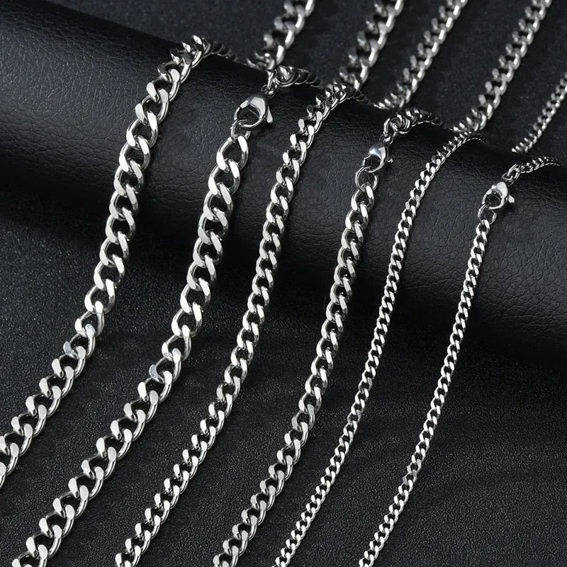 Punk Stainless Steel Curb Cuban Necklaces - Silver, Black & Gold Options - 3mm, 5mm, 7mm Widths