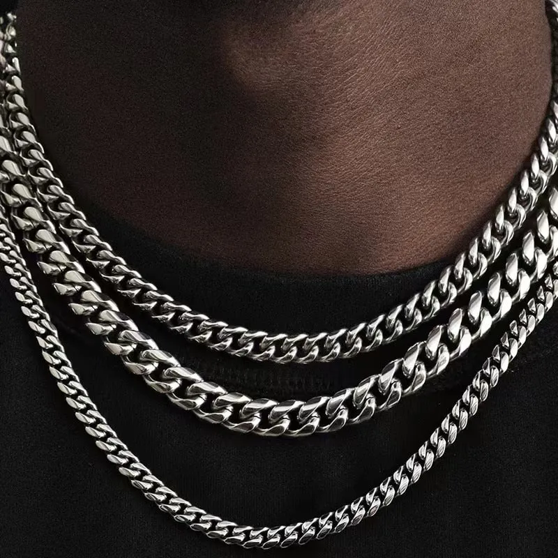 Punk Stainless Steel Curb Cuban Necklaces - Silver, Black & Gold Options - 3mm, 5mm, 7mm Widths