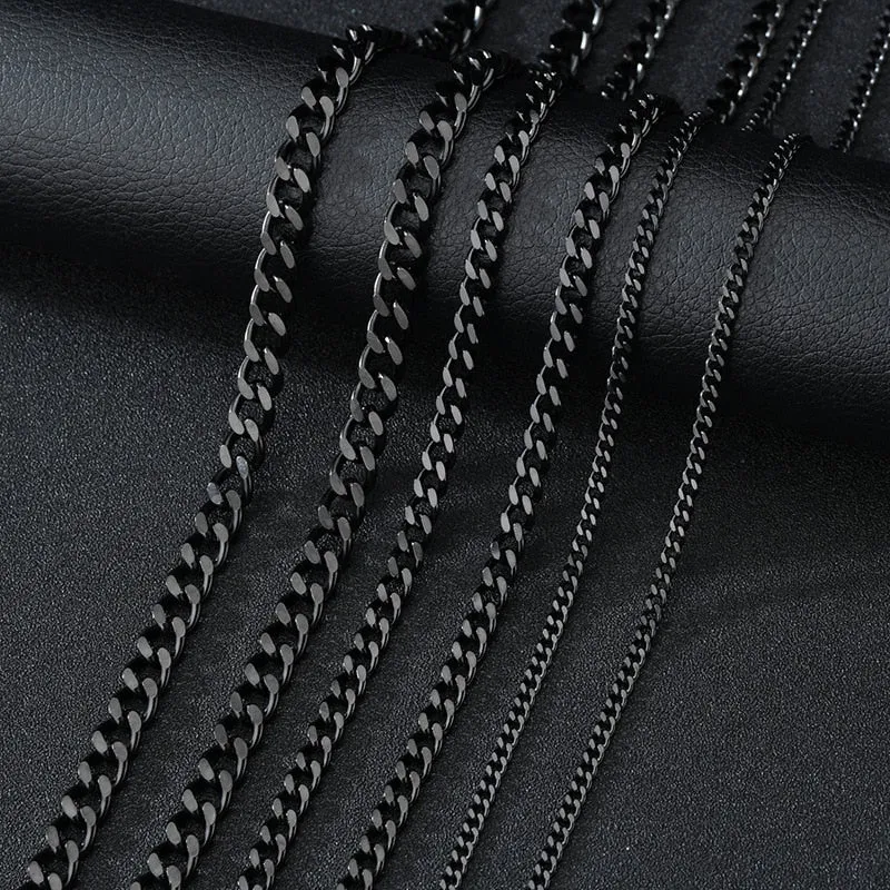 Punk Stainless Steel Curb Cuban Necklaces - Silver, Black & Gold Options - 3mm, 5mm, 7mm Widths