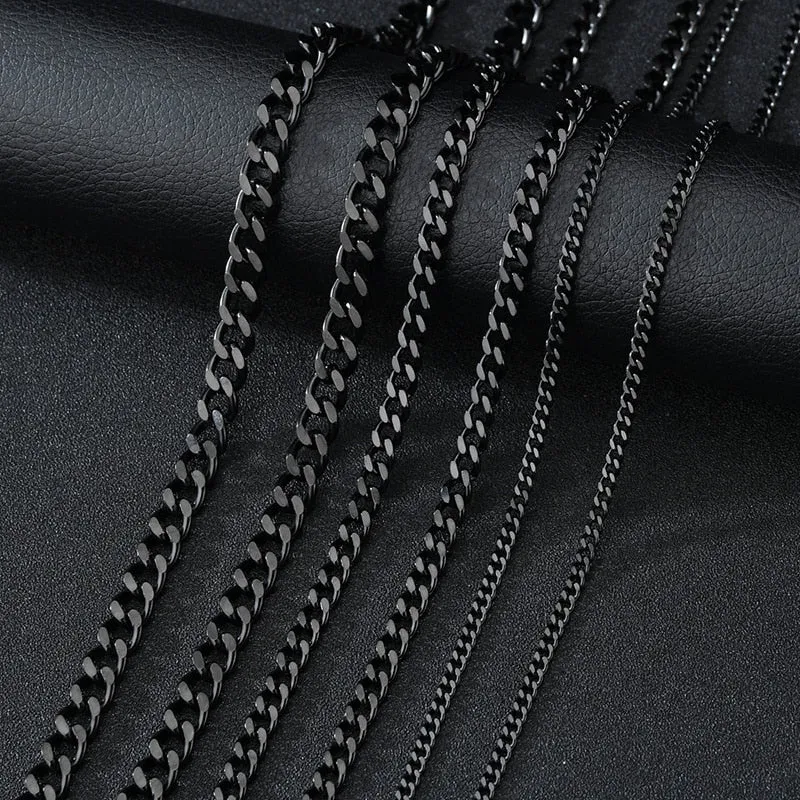 Punk Stainless Steel Curb Cuban Necklaces - Silver, Black & Gold Options - 3mm, 5mm, 7mm Widths