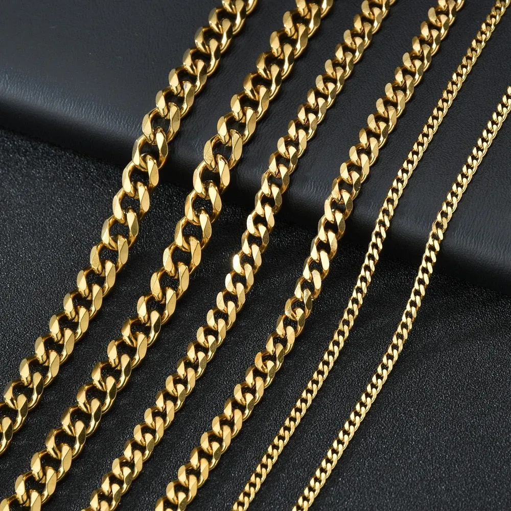 Punk Stainless Steel Curb Cuban Necklaces - Silver, Black & Gold Options - 3mm, 5mm, 7mm Widths