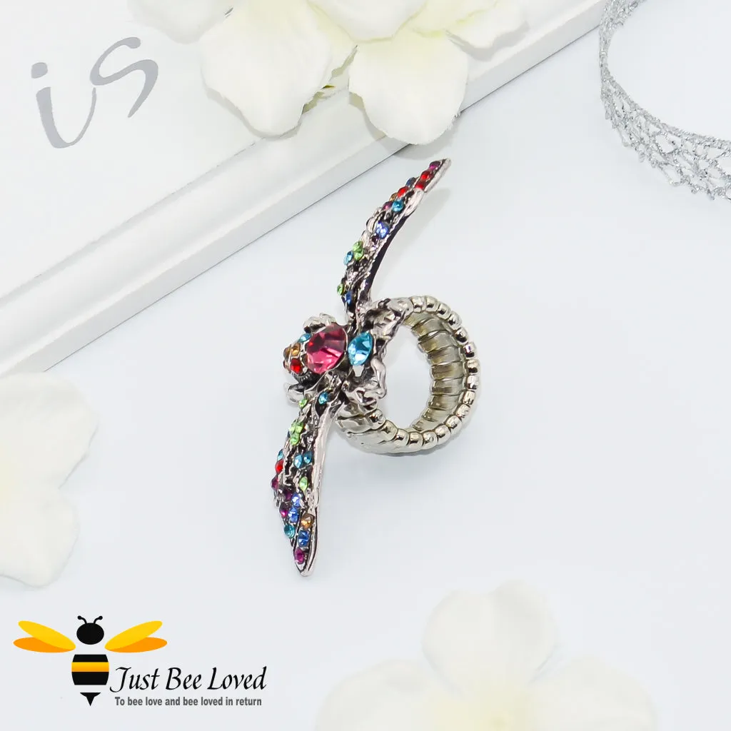 Rhinestone Bee Antique Silver Statement Ring