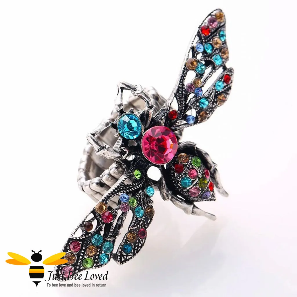 Rhinestone Bee Antique Silver Statement Ring
