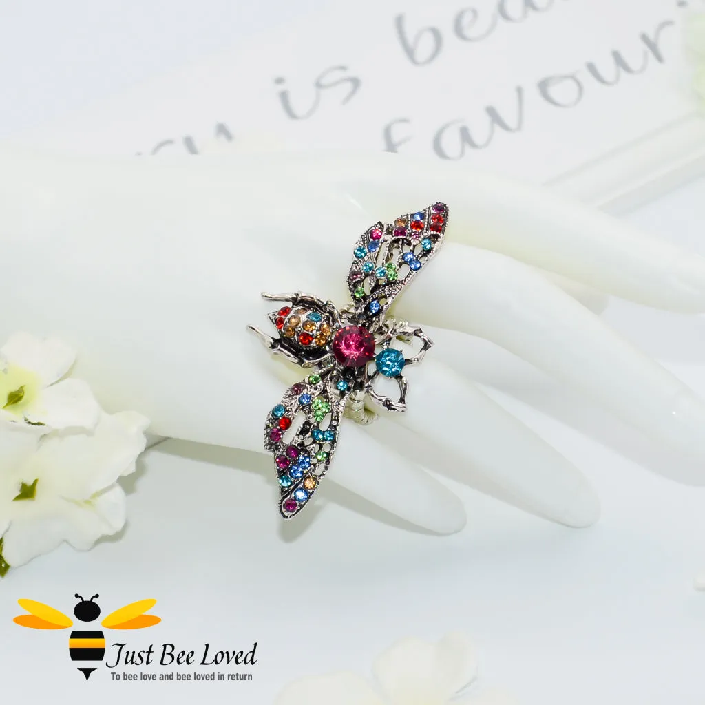 Rhinestone Bee Antique Silver Statement Ring