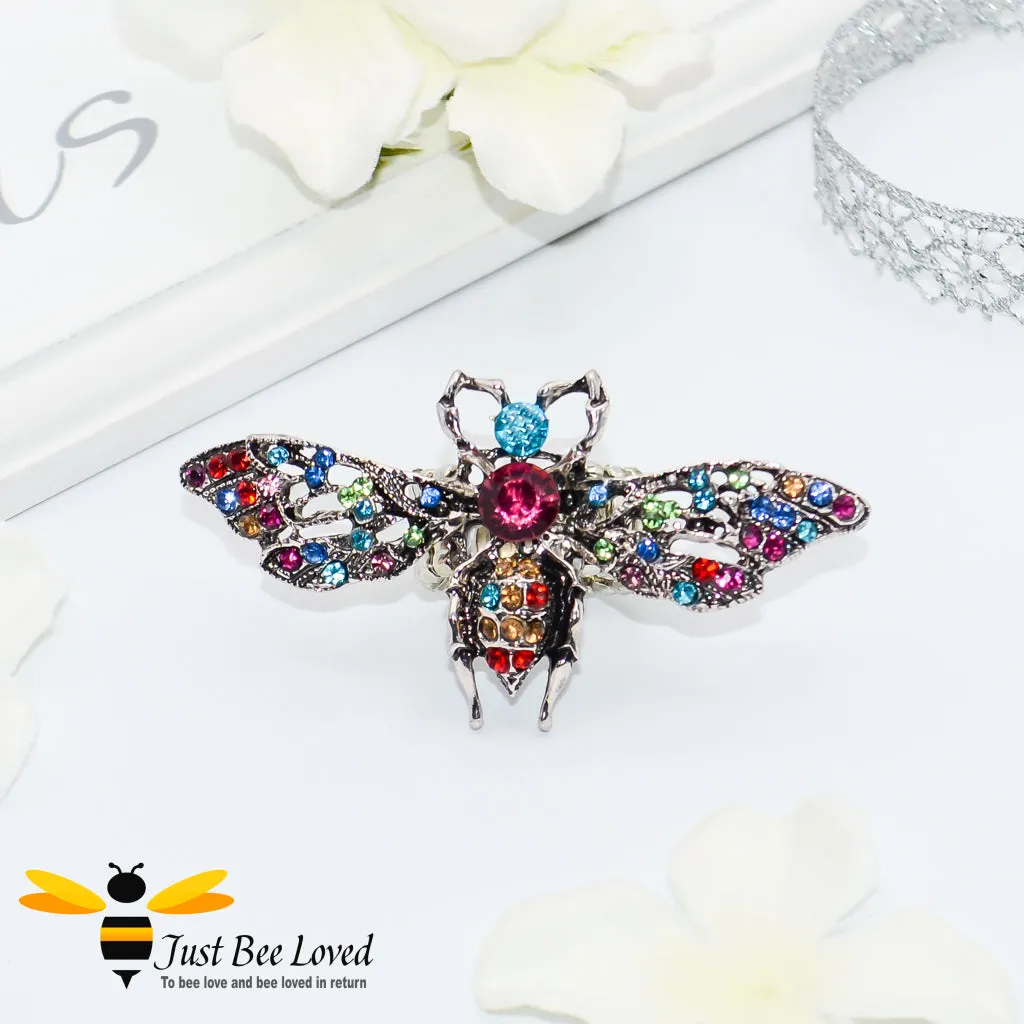 Rhinestone Bee Antique Silver Statement Ring