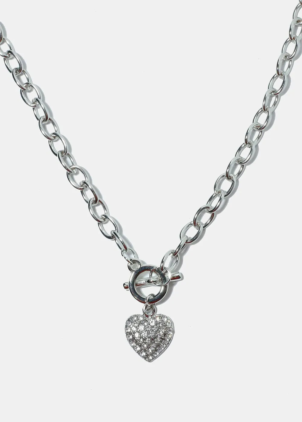 Rhinestone Heart Pendant Thick Chain Necklace