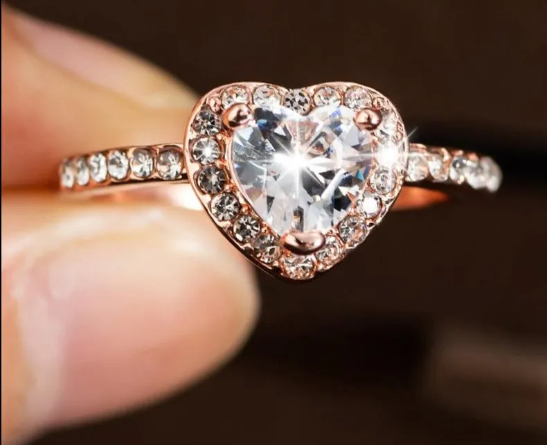 Rose Gold Crystal Heart Shaped  Wedding Rings For Women Luxury Elegant Zircon Engagement Rings  Jewelry
