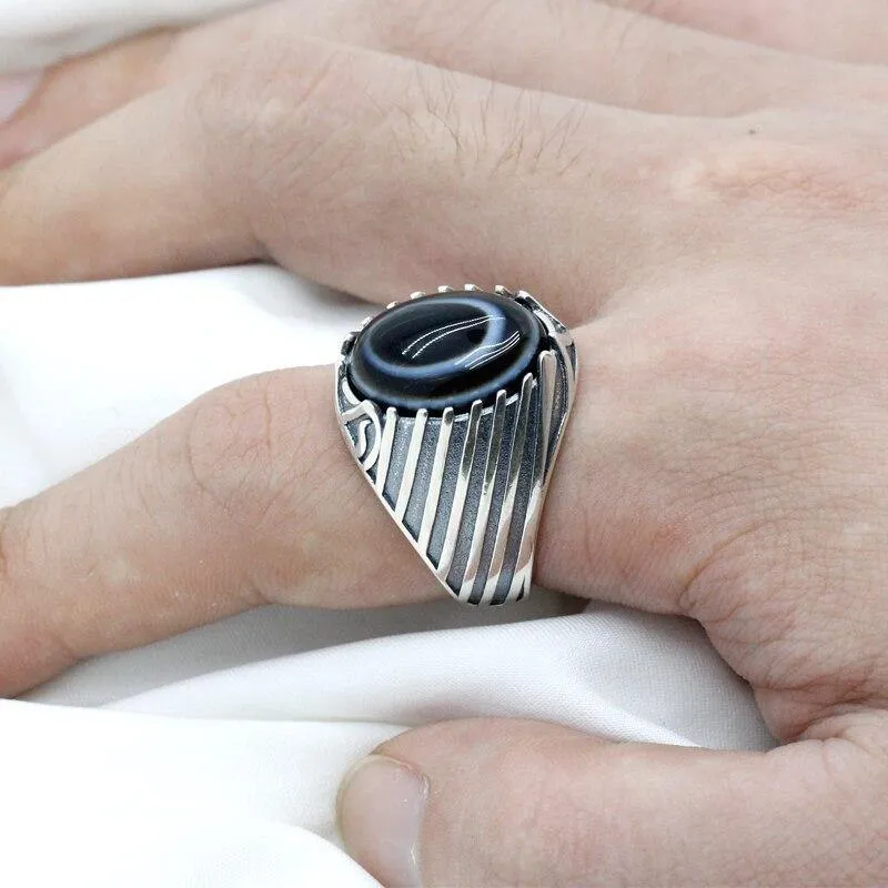 Silver Eyes Natural Agate stone Antique Lucky ring