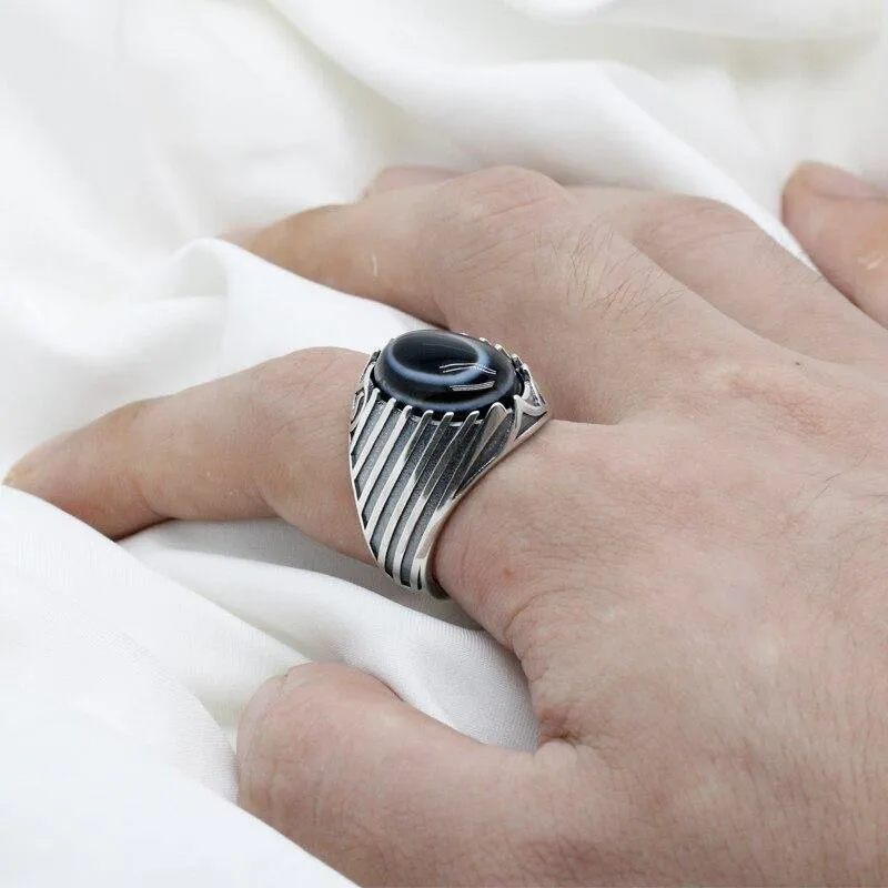 Silver Eyes Natural Agate stone Antique Lucky ring