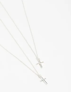 Silver Plain & Diamante Cross Pendant Necklaces 2-Pack