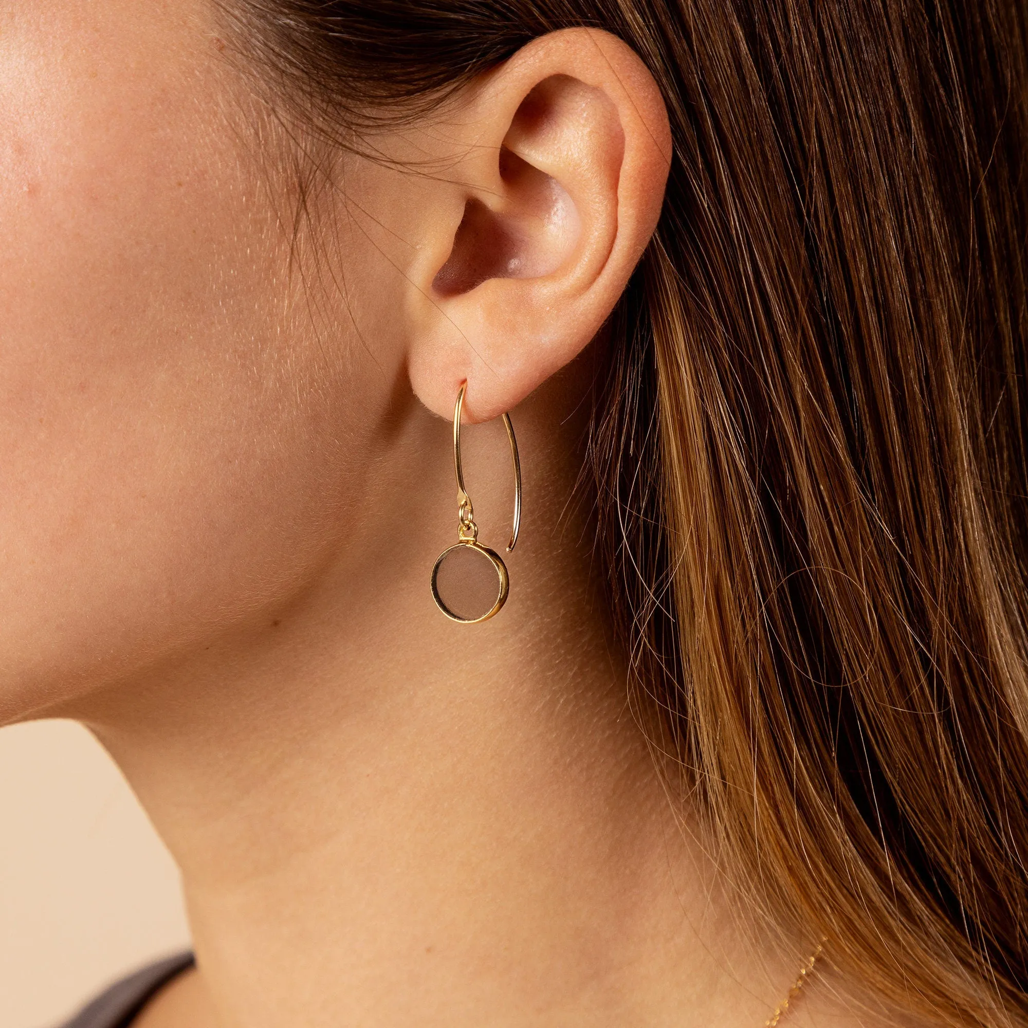 Smokey Quartz Disc Gemstone Drop Gold earrings