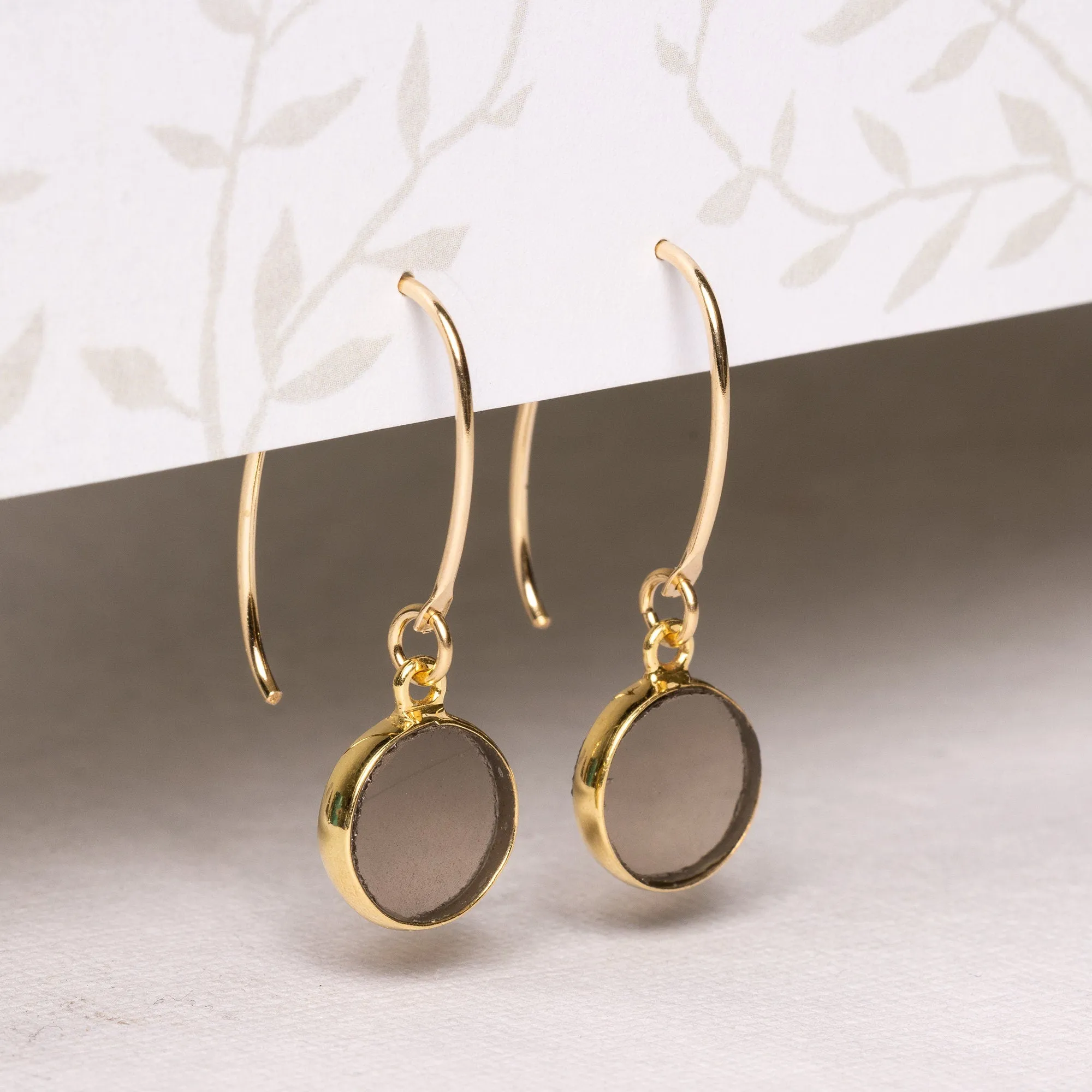 Smokey Quartz Disc Gemstone Drop Gold earrings