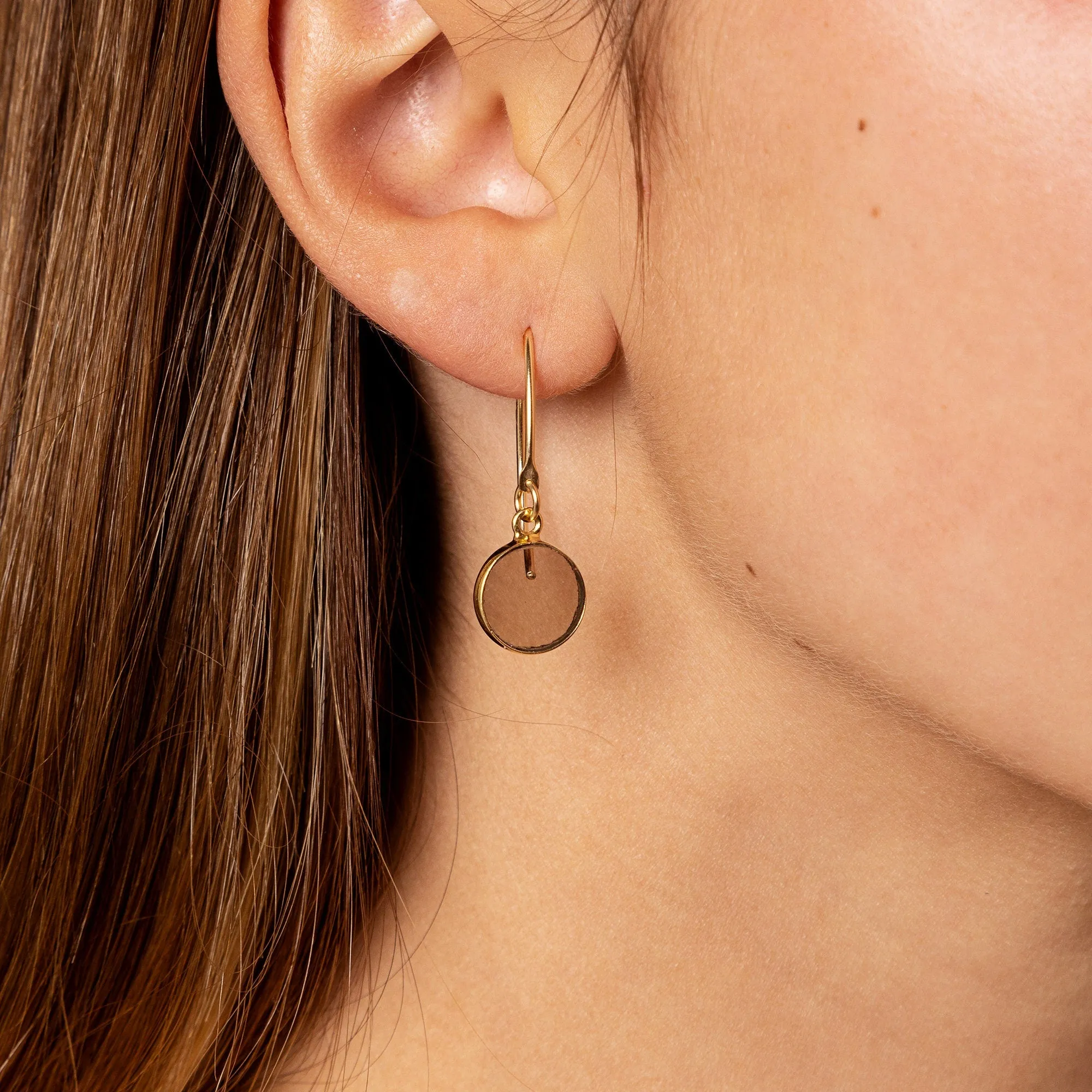 Smokey Quartz Disc Gemstone Drop Gold earrings