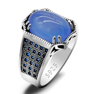 Solid Silver Natural Blue Agate Blue Zircon Antique Ring