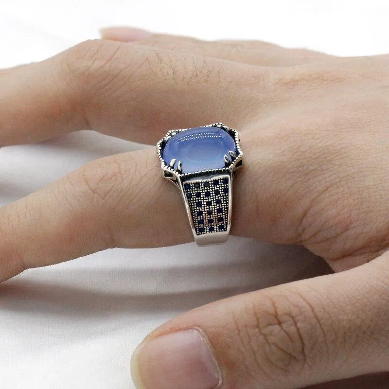 Solid Silver Natural Blue Agate Blue Zircon Antique Ring