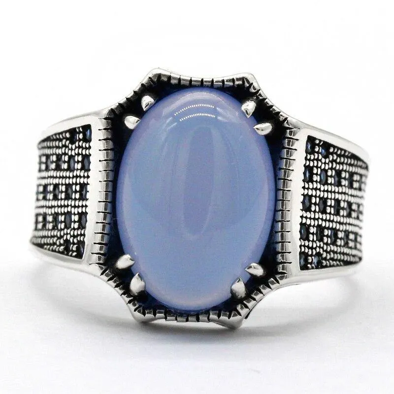 Solid Silver Natural Blue Agate Blue Zircon Antique Ring