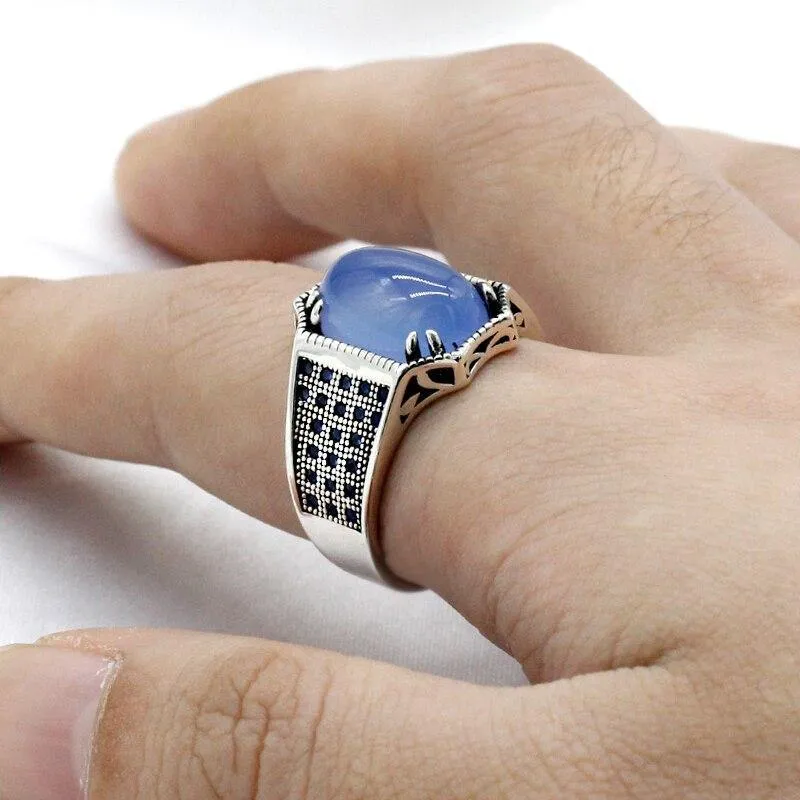 Solid Silver Natural Blue Agate Blue Zircon Antique Ring