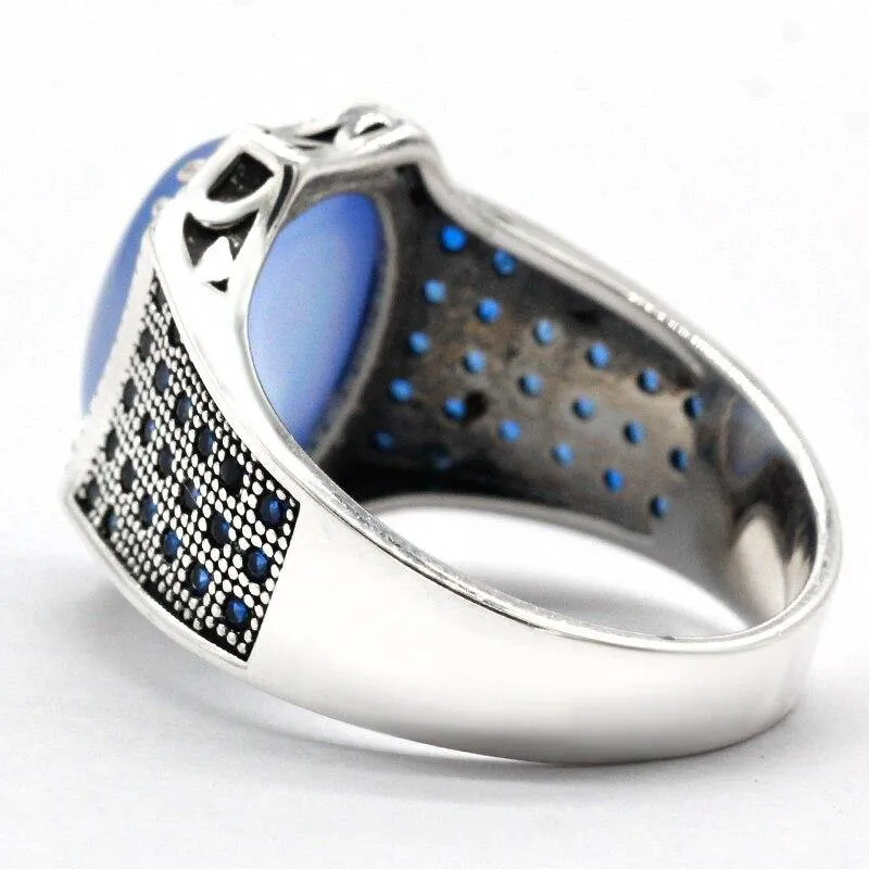 Solid Silver Natural Blue Agate Blue Zircon Antique Ring