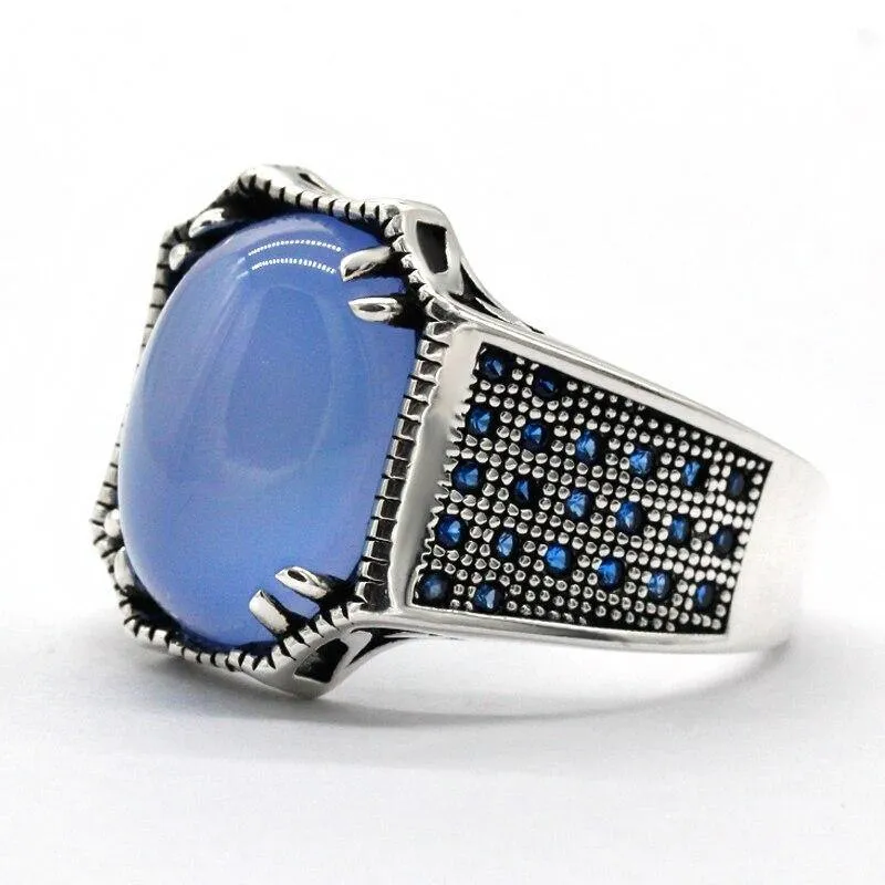 Solid Silver Natural Blue Agate Blue Zircon Antique Ring