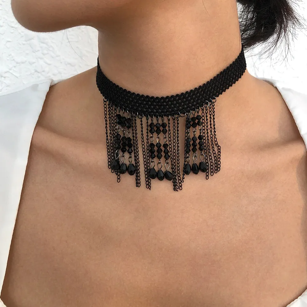 Stylish Women's Hanging Rhinestone Necklace / Unique Design Black Choker Necklace