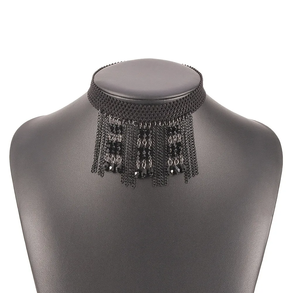 Stylish Women's Hanging Rhinestone Necklace / Unique Design Black Choker Necklace