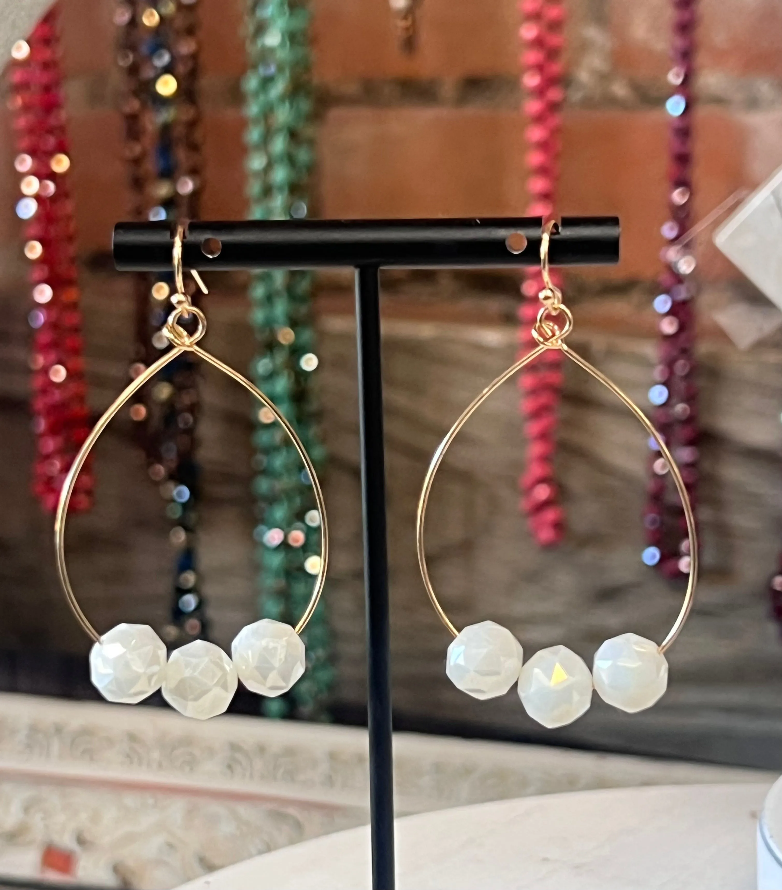 Teardrop Gold Wire w/trio White Beads Earrings