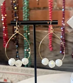 Teardrop Gold Wire w/trio White Beads Earrings