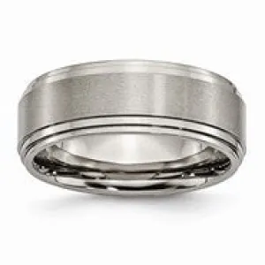 Titanium Double Step Ridged Edge 8mm Satin and Polished Wedding Band Ring
