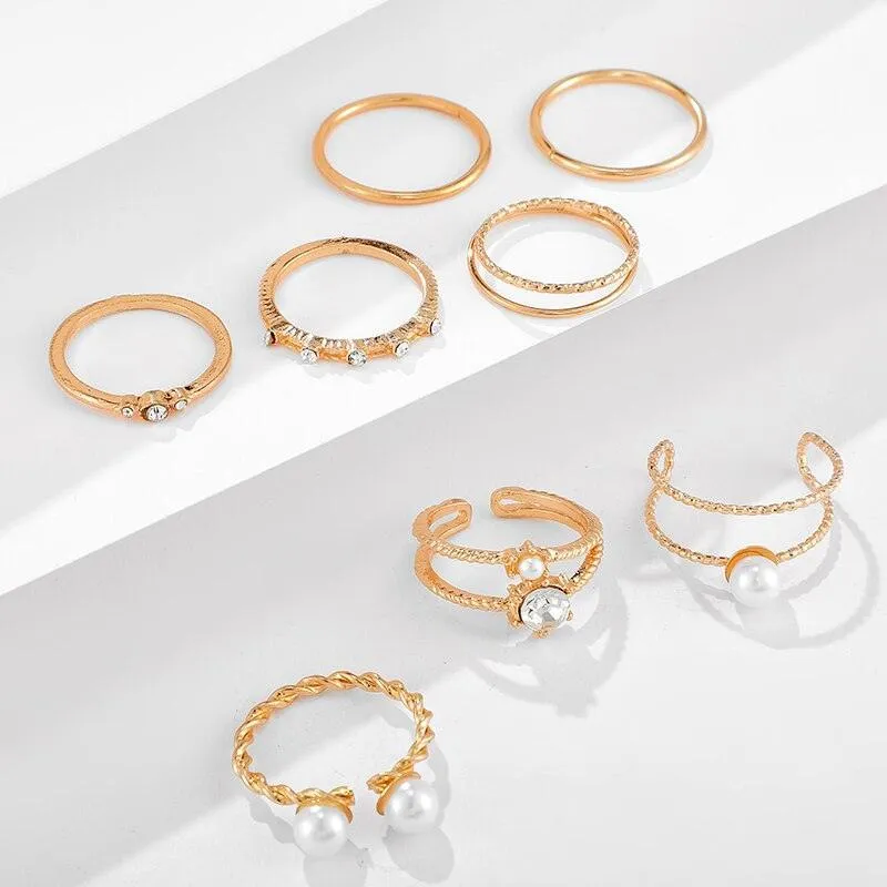 Trendy Gold Pearl Crystal Geometric Ring Set