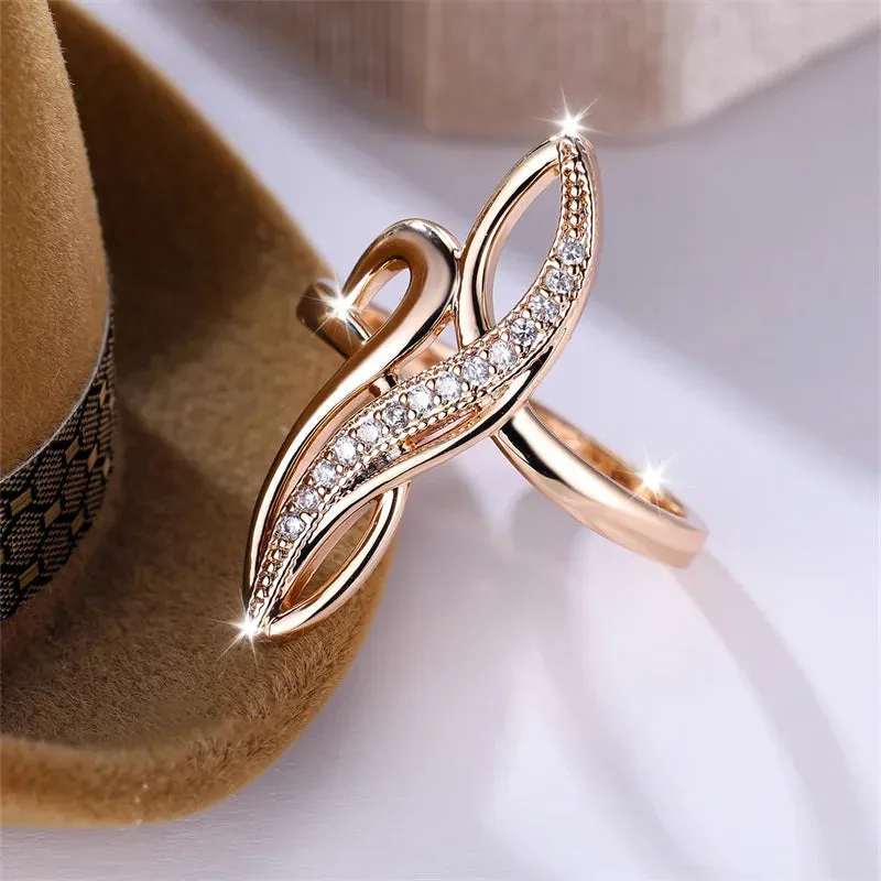 Unique Infinity Geometric Tree Leaf Champagne Rolled 14K Rose Gold AAA  Zircon Diamonds Rings Cocktail Party Jewelry
