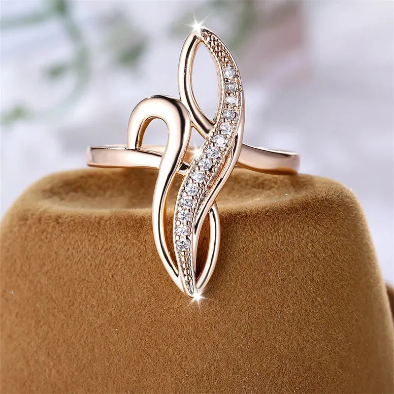 Unique Infinity Geometric Tree Leaf Champagne Rolled 14K Rose Gold AAA  Zircon Diamonds Rings Cocktail Party Jewelry