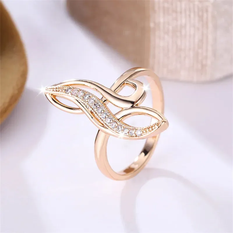 Unique Infinity Geometric Tree Leaf Champagne Rolled 14K Rose Gold AAA  Zircon Diamonds Rings Cocktail Party Jewelry
