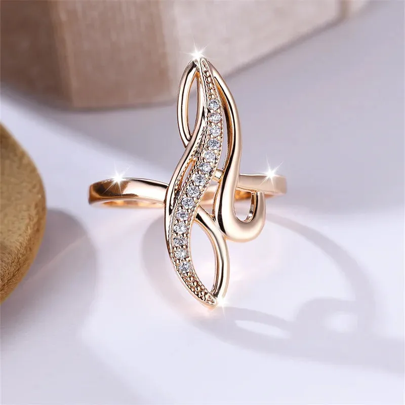 Unique Infinity Geometric Tree Leaf Champagne Rolled 14K Rose Gold AAA  Zircon Diamonds Rings Cocktail Party Jewelry
