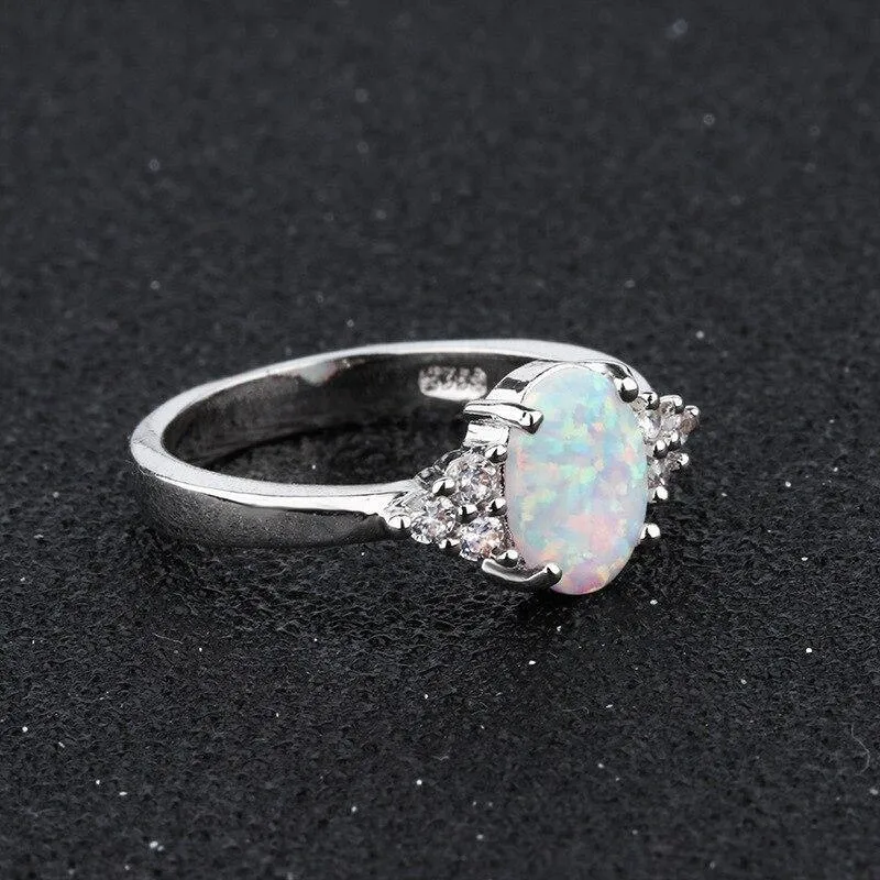 Vintage Design Oval White Created Opal Gemstone Ring